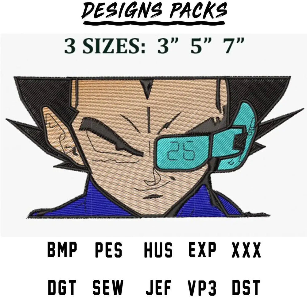 Embroidery design of anime character with scouter, available in 3 sizes and multiple file formats