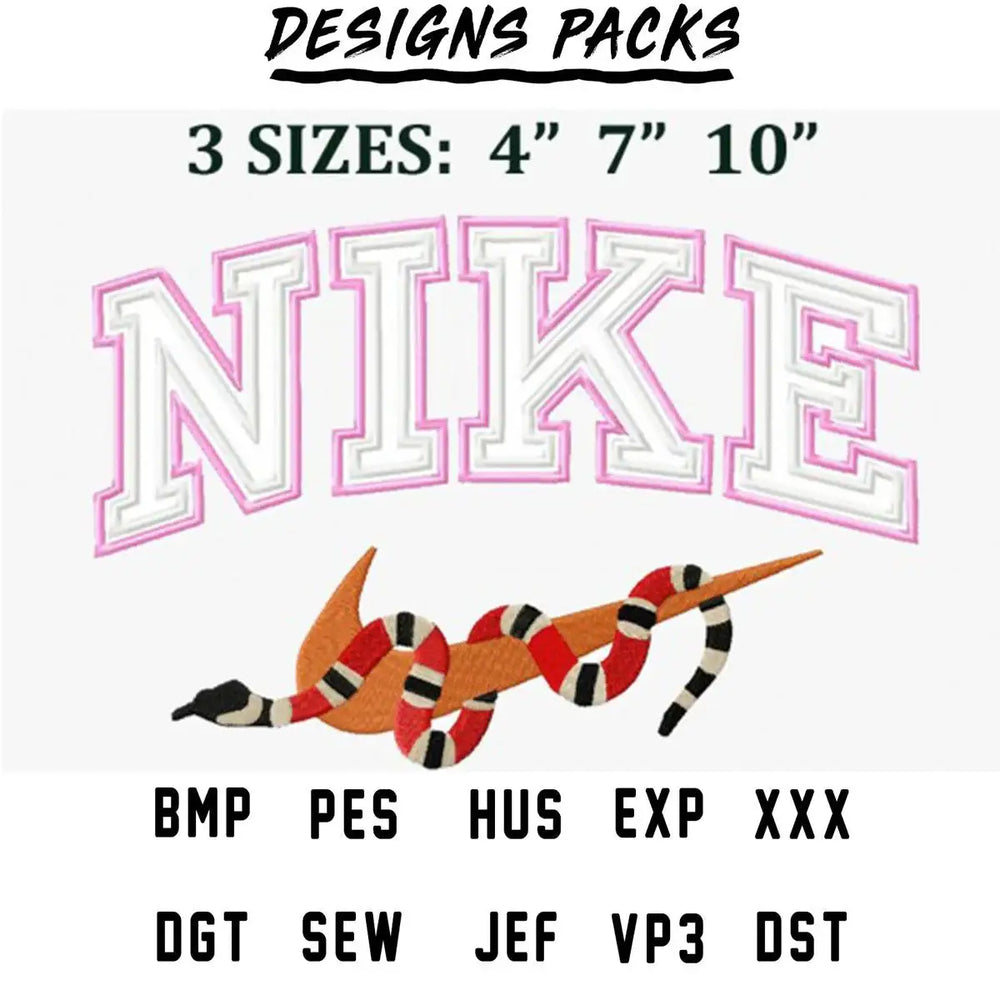 Embroidery design featuring Nike logo with snake, available in 3 sizes and multiple formats