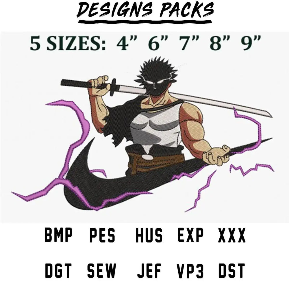 Anime warrior with sword embroidery design in 5 sizes, compatible with PES, DST, EXP formats