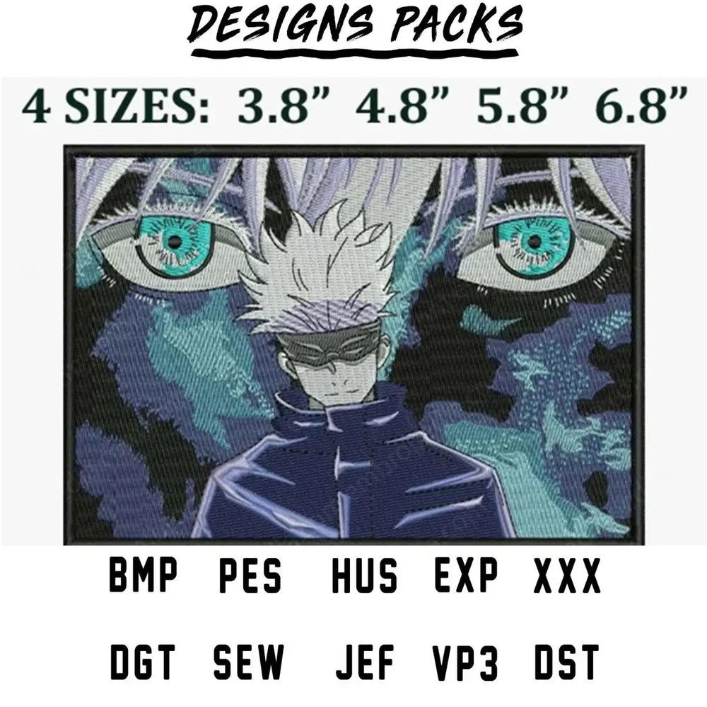 Anime character embroidery design with teal eyes, available in 4 sizes, PES, DST, and other formats