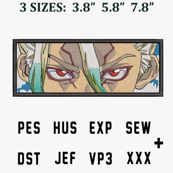 Anime-style embroidery design with red eyes, available in 3 sizes & multiple file formats like PES, DST, EXP