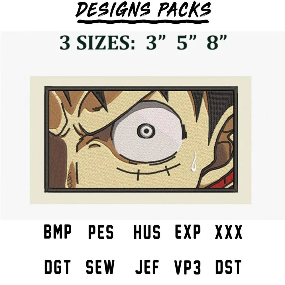 Embroidery design of anime eye in 3 sizes, available in PES, DST, and other formats for instant download.