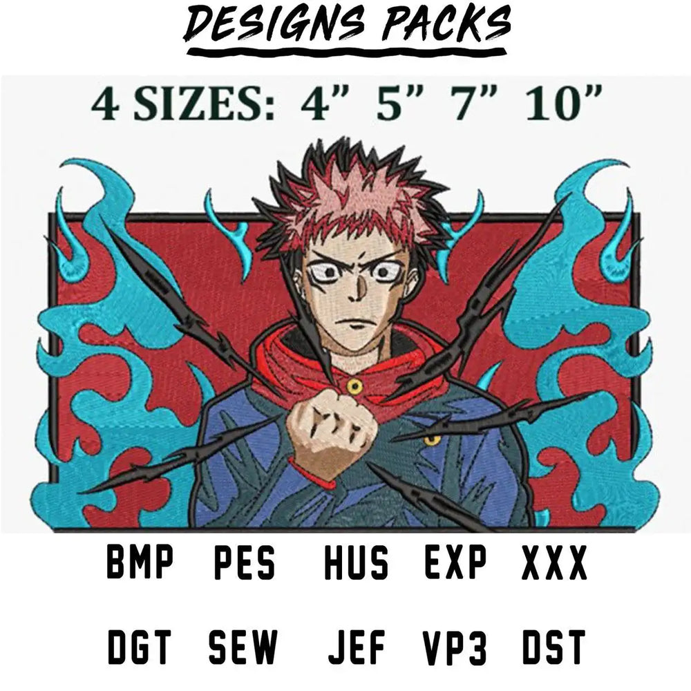Anime character embroidery design with blue flames, available in 4 sizes and multiple formats