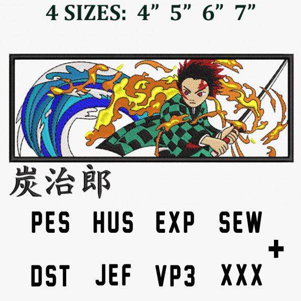 Demon Slayer Tanjiro embroidery design in 4 sizes, PES HUS EXP SEW DST JEF VP3 formats, flame wave art