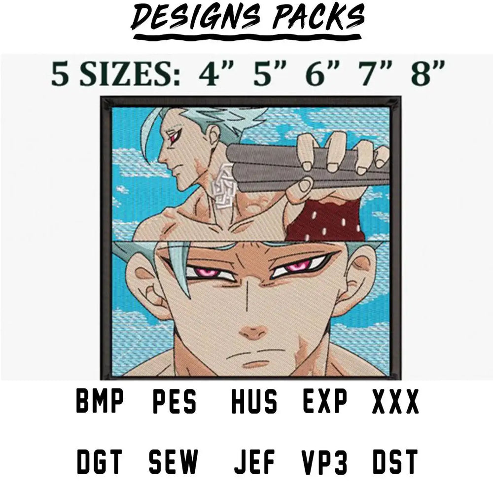 Anime character embroidery design in 5 sizes, available in PES, DST, and other formats for instant download.