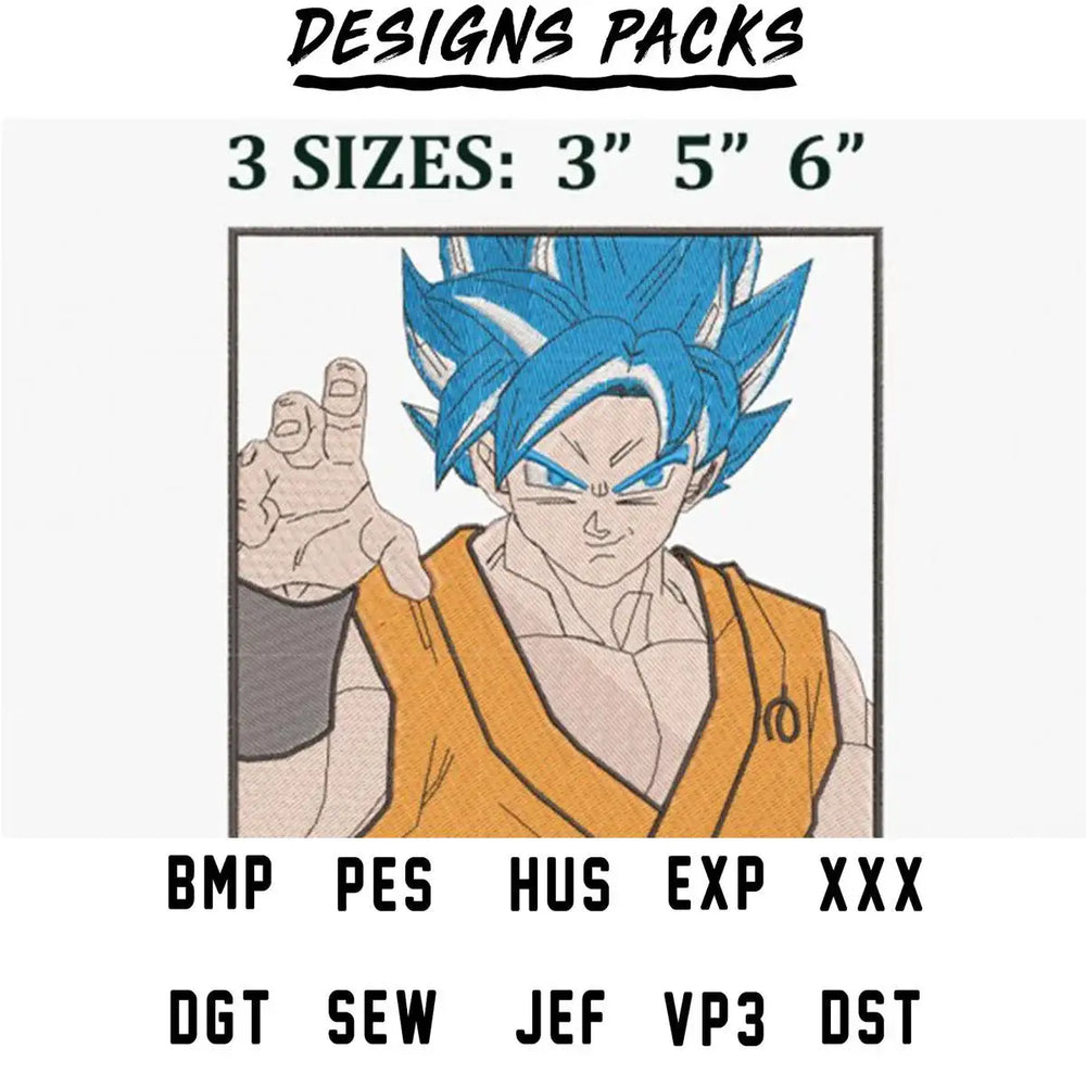 Blue-haired anime character embroidery design in 3 sizes, compatible with PES, DST, and other formats