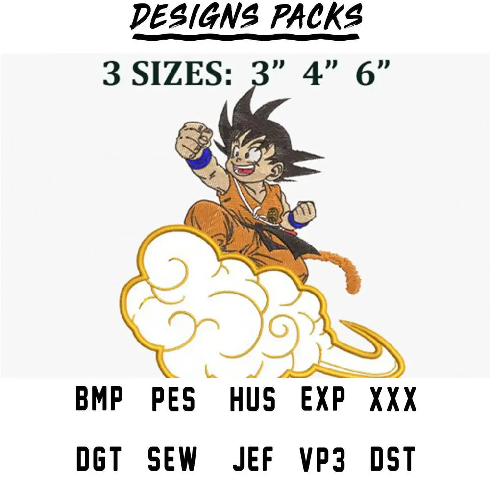 Goku embroidery design on cloud, available in 3 sizes and multiple file formats for DTG and DTF printing.