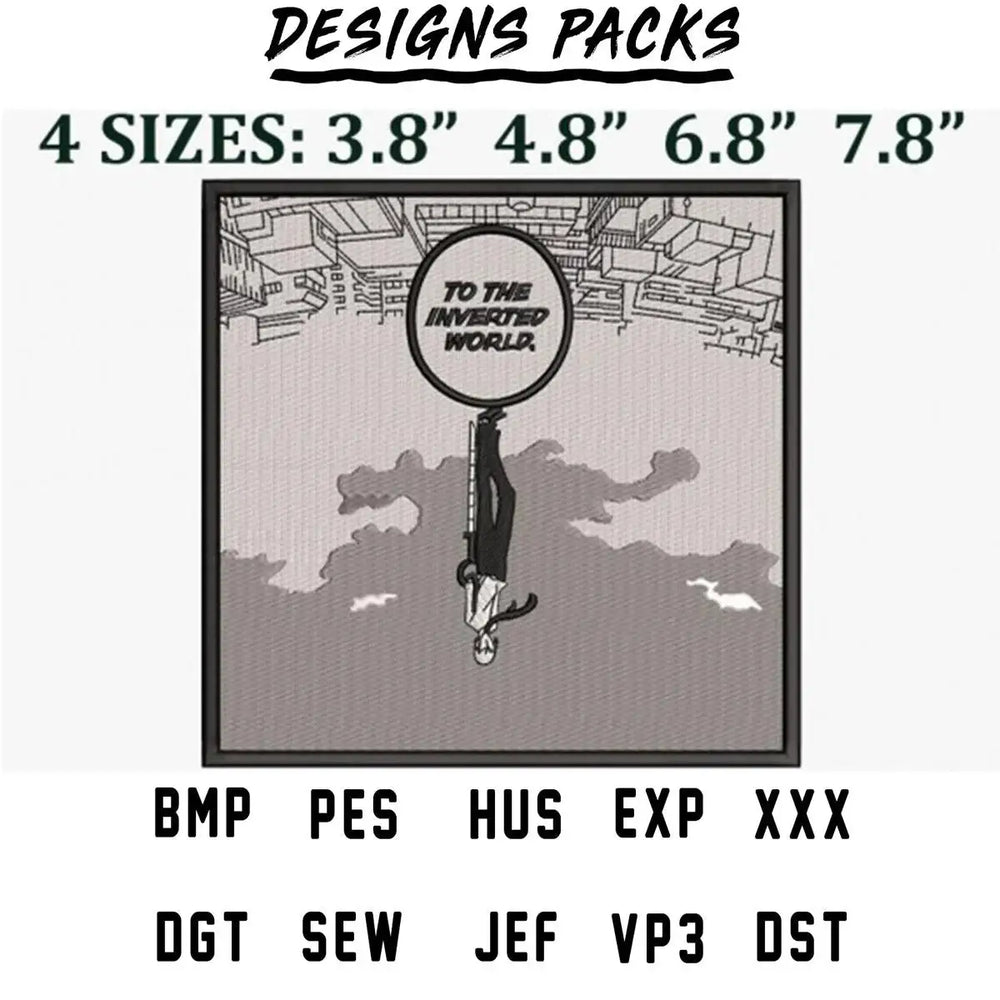 Inverted world design with 4 sizes, print-ready formats for embroidery and DTG