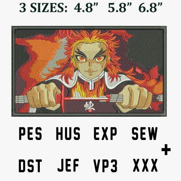 Embroidery design of anime character with fiery hair, available in PES, HUS, EXP, DST formats for instant download.
