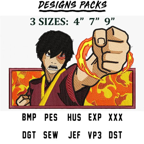 Embroidery design of animated character with fire fist, available in 3 sizes, formats include PES, DST, EXP