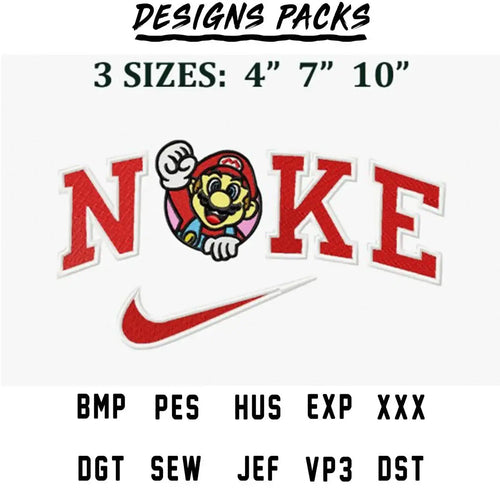 Mario-themed NOKE embroidery design with Nike swoosh, available in 3 sizes and multiple file formats.