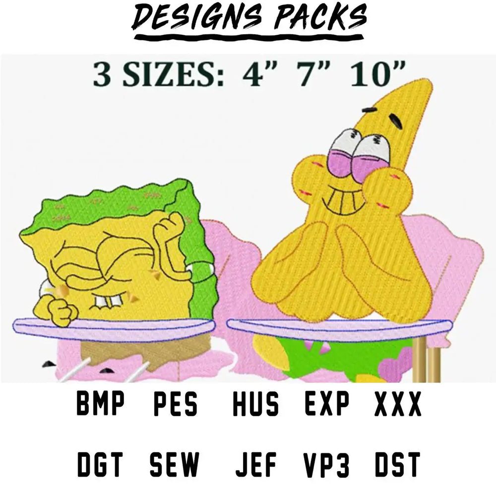 Embroidery designs of SpongeBob and Patrick in 3 sizes, compatible with PES, DST, and other formats