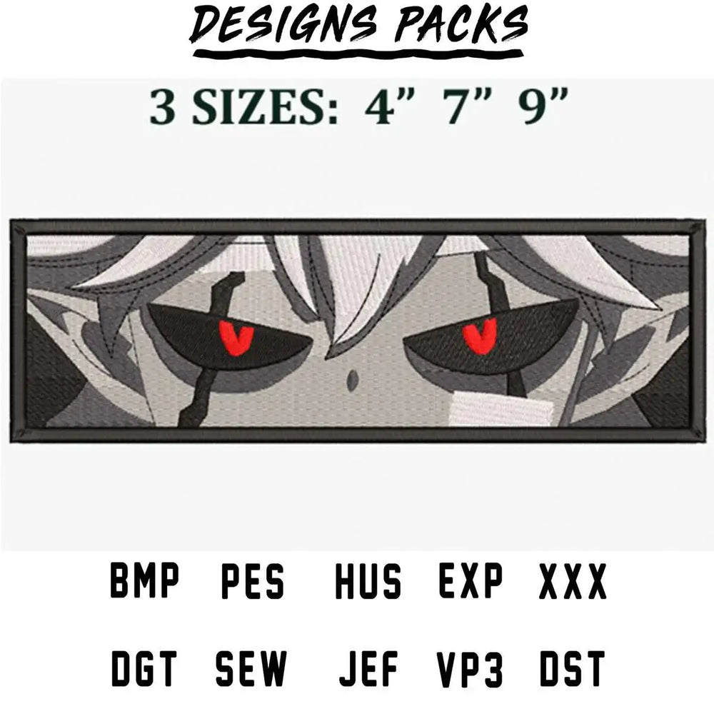Embroidery design with red eyes, available in 3 sizes, compatible with PES, DST, and other formats