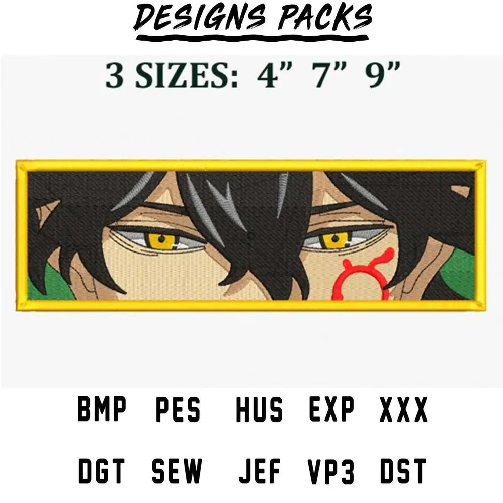 Anime character embroidery design with yellow eyes, 3 sizes, PES, DST, and SVG formats