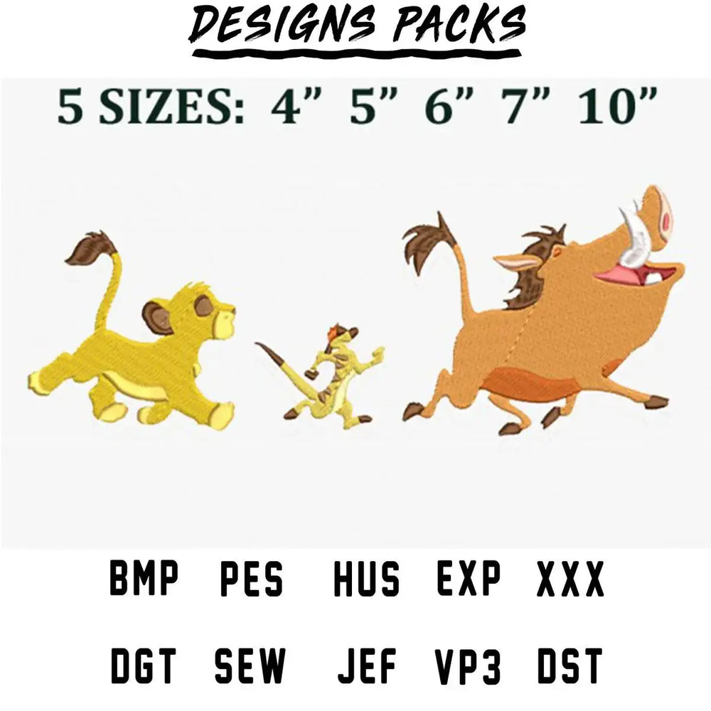 Embroidery designs pack featuring Simba, Timon, and Pumbaa in 5 sizes with file formats BMP, PES, HUS, EXP, XXX, DGT, SEW, JEF, VP3, DST.