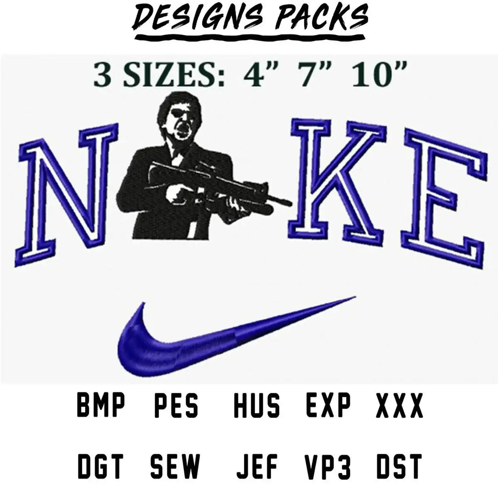 Embroidery design with bold blue NKE text, armed figure, and swoosh logo in multiple sizes and formats