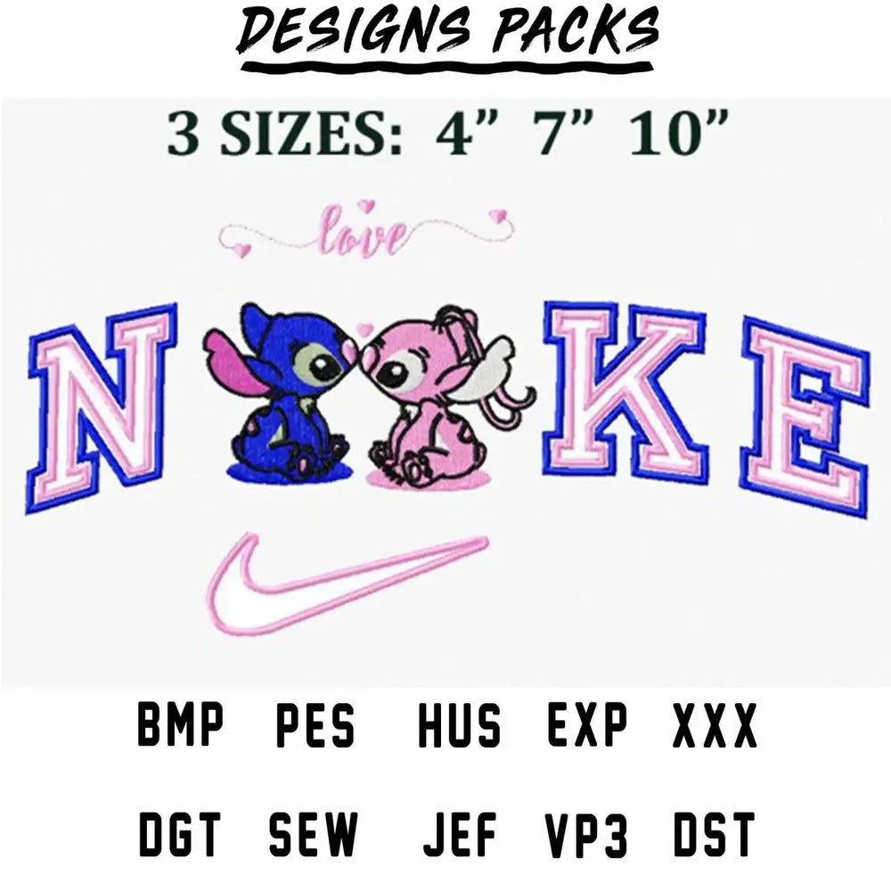 Stitch and Angel embroidery design with Nike logo, available in 3 sizes and multiple formats