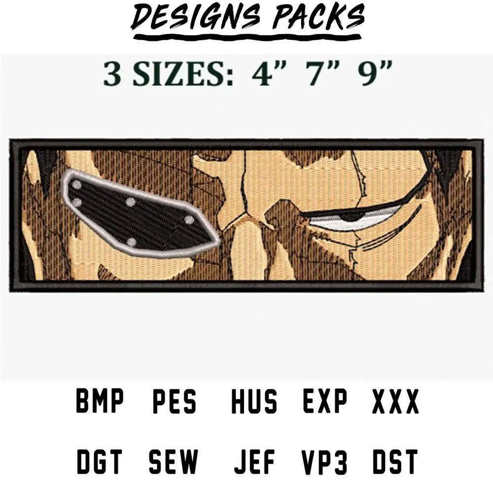 Embroidery design featuring anime character with cracked mask, available in 3 sizes and multiple file formats.