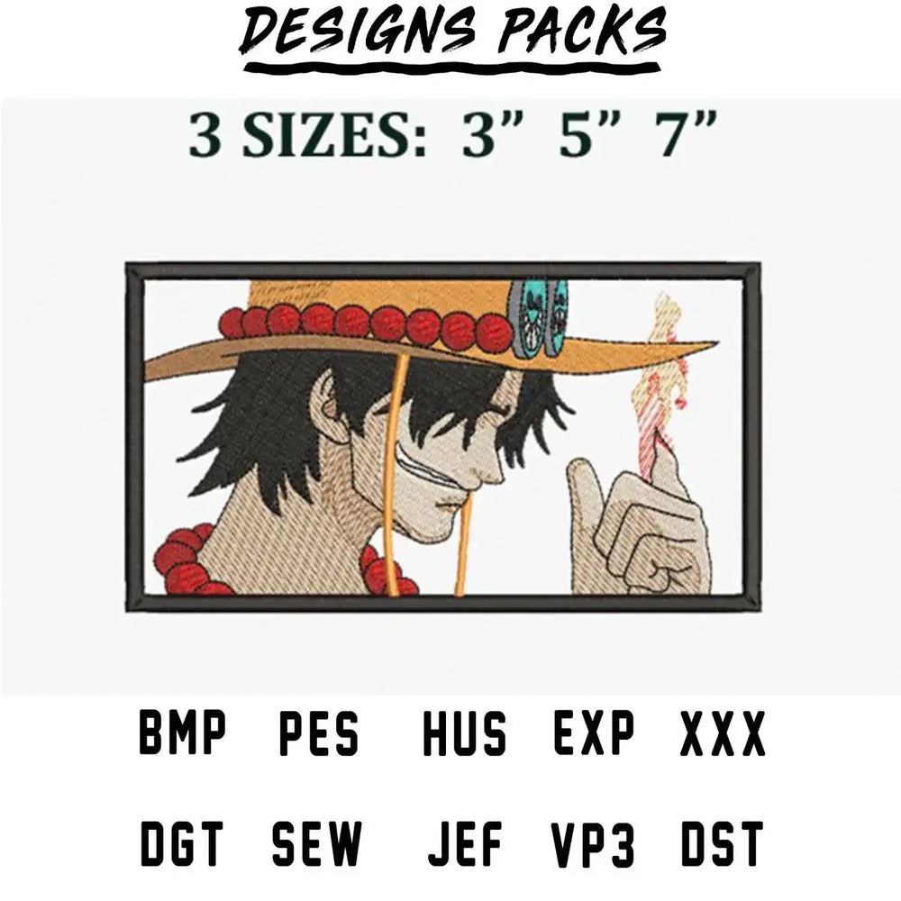 Embroidery design of anime character with straw hat, available in 3 sizes and multiple file formats.