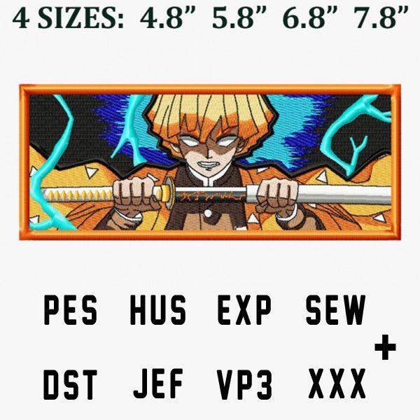 Embroidery design of anime character wielding sword, available in 4 sizes and multiple formats