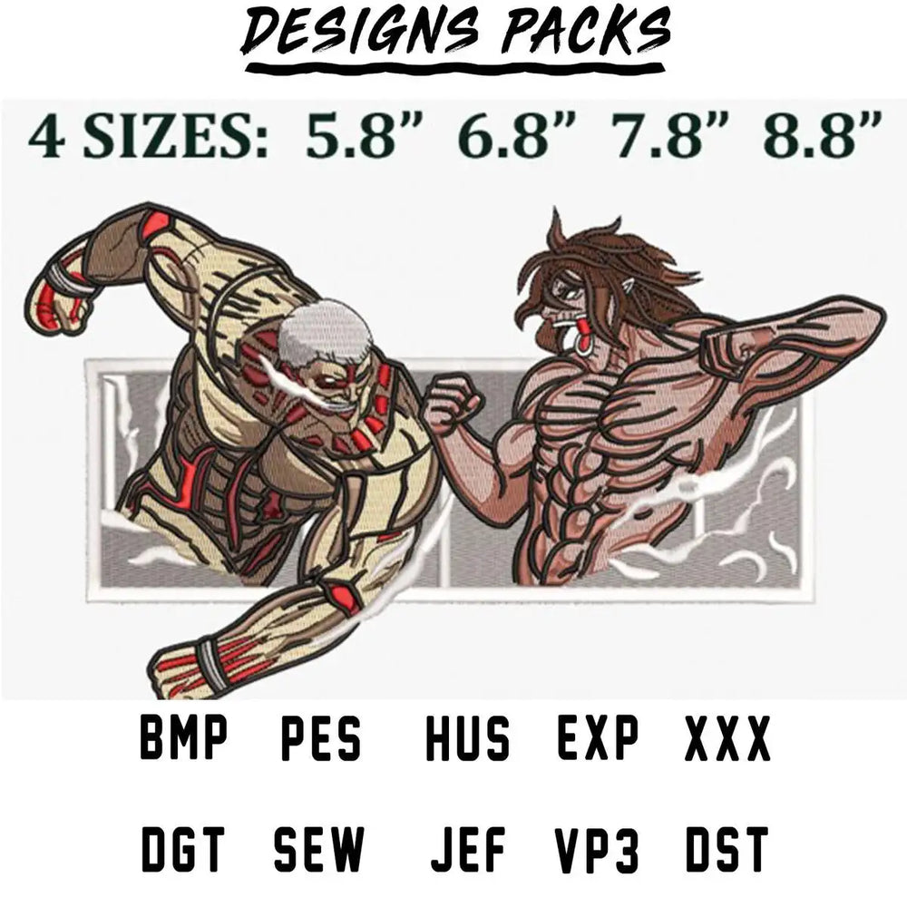 Embroidery design of two muscular warriors in action, available in multiple sizes and formats