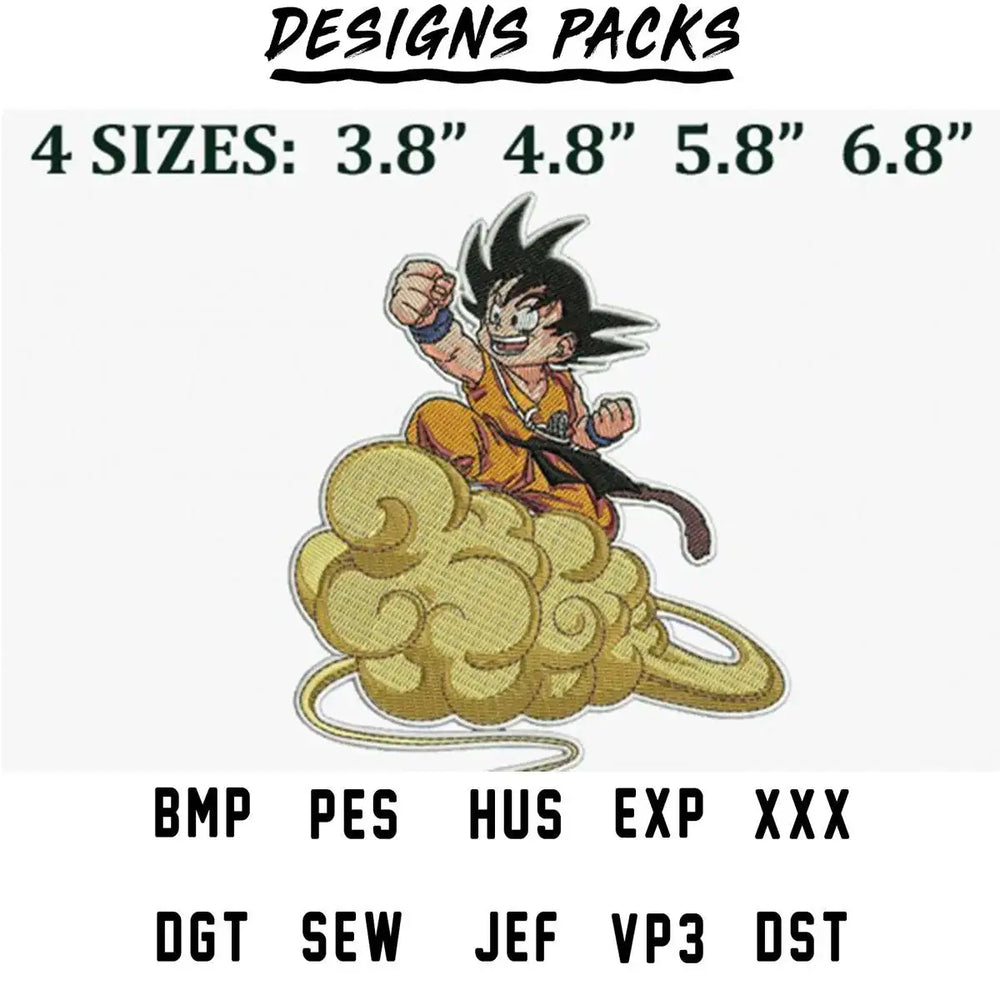 Goku riding Nimbus cloud embroidery design in 4 sizes, available in PES, DST, and other formats