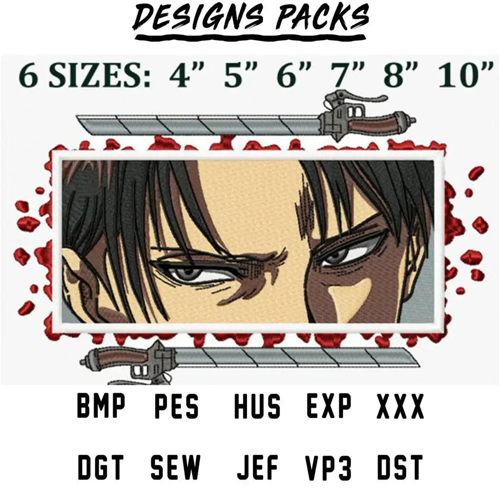 Anime character embroidery design with swords, available in 6 sizes and multiple file formats