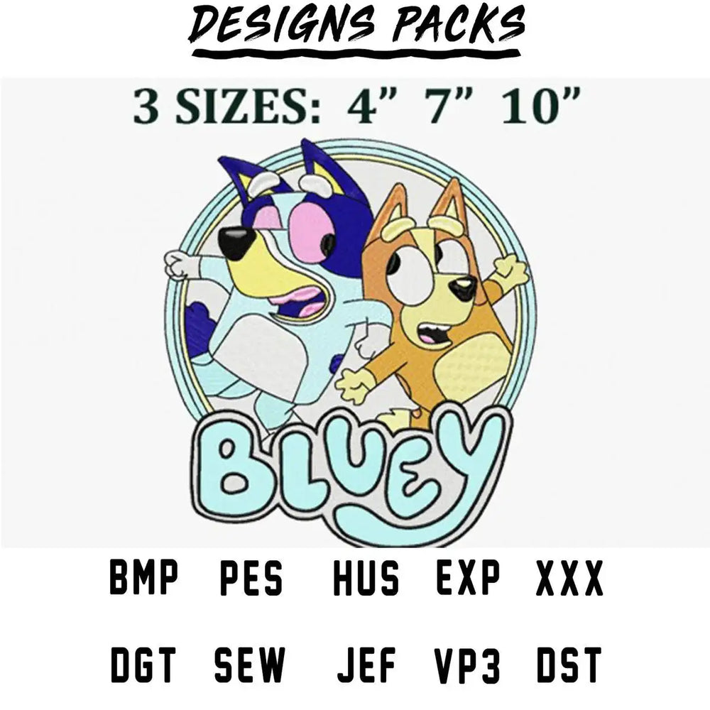 Bluey and Bingo cartoon embroidery design in 3 sizes, available in PES, DST, and other formats