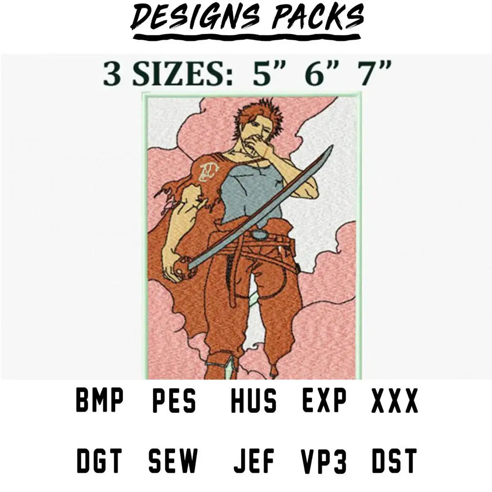 Embroidery design of warrior with sword, available in 3 sizes and multiple file formats