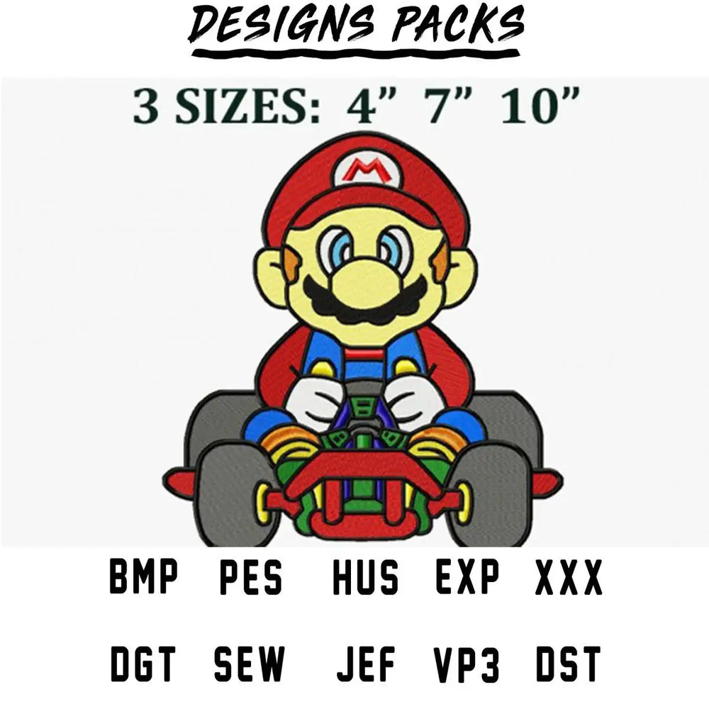 Mario in racing kart embroidery design, available in 3 sizes and multiple file formats