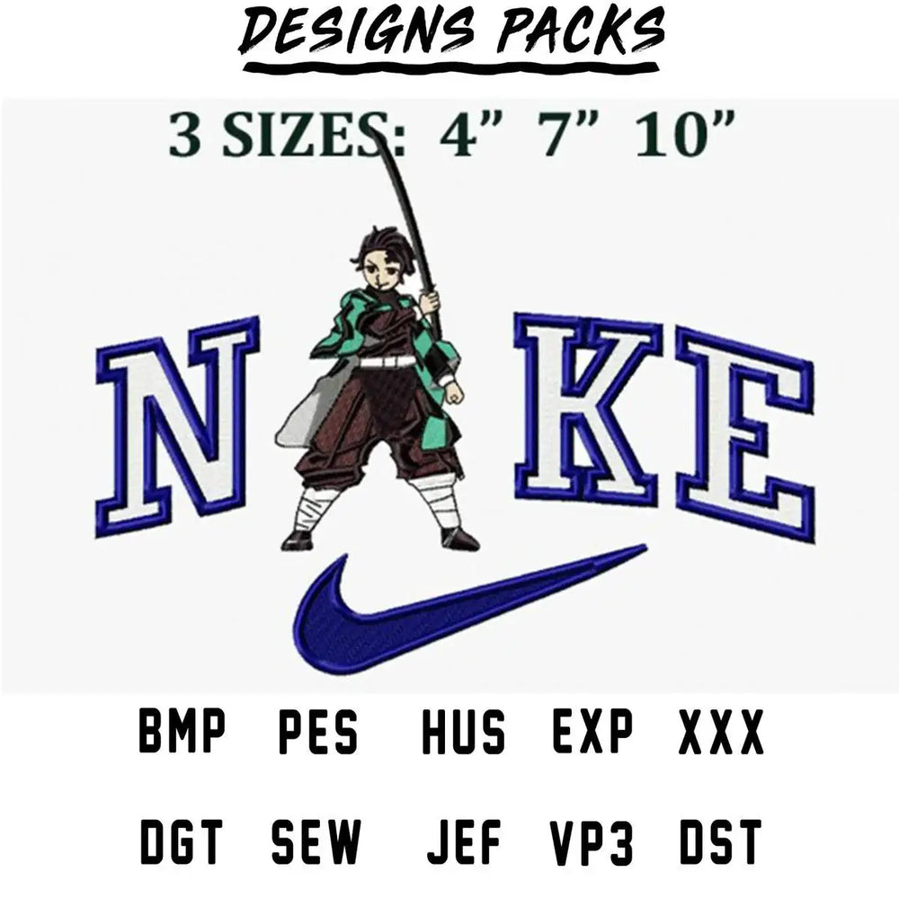 Anime character with sword beside Nike-style logo, available in 3 sizes for embroidery designs.