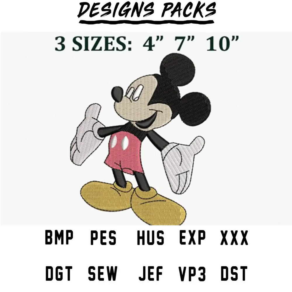 Mickey Mouse embroidery design in 3 sizes, available in PES, DST, EXP, and other machine formats for instant download.