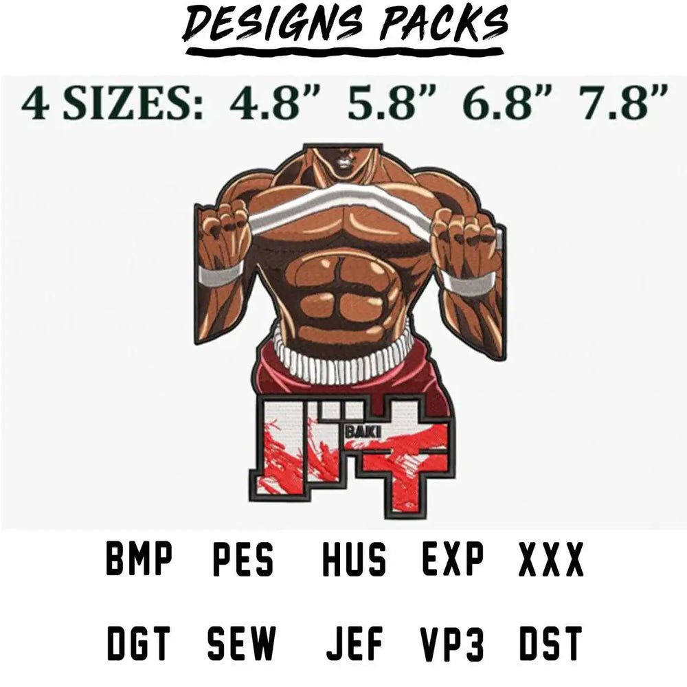 Baki Hanma embroidery design in 4 sizes, available in PES, DST, EXP, and other machine formats for instant download.