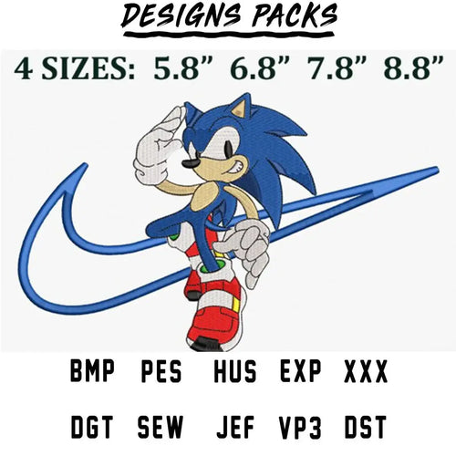 Sonic the Hedgehog embroidery design in 4 sizes, available in PES, DST, and other formats for instant download.