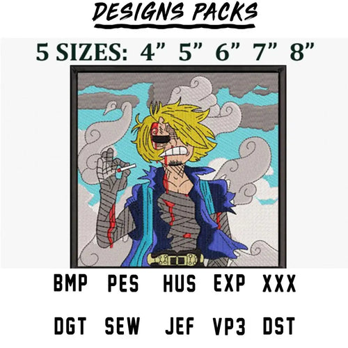 Embroidery design of anime character with bandages, available in 5 sizes and multiple file formats.