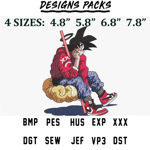 Dragon Ball Goku embroidery design in 4 sizes, available in PES, DST, and other formats for instant download.