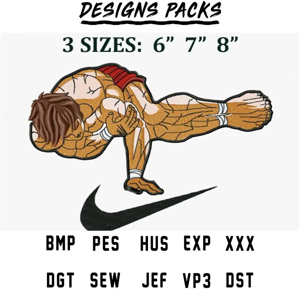 Muscular athlete in dynamic pose, available in 3 sizes, compatible with embroidery formats like PES, DST, and SVG.