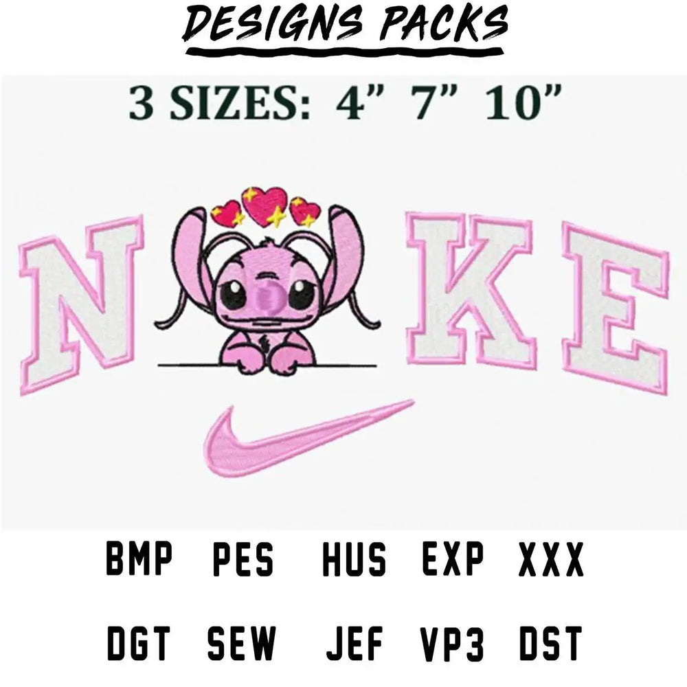 Pink Stitch with hearts and Nike swoosh embroidery design in 3 sizes, compatible with PES, DST, and other formats