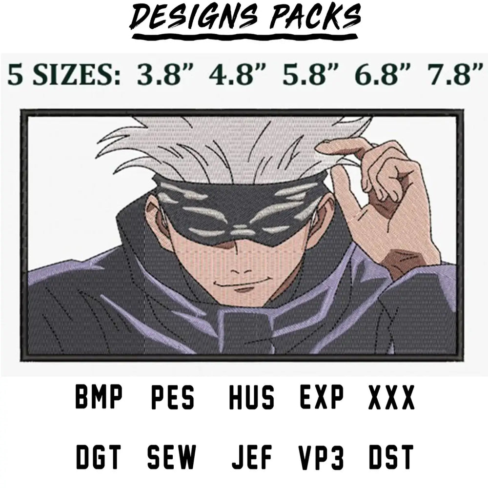 Anime character embroidery design in 5 sizes, compatible with PES, DST, EXP formats for DTG and DTF printing.