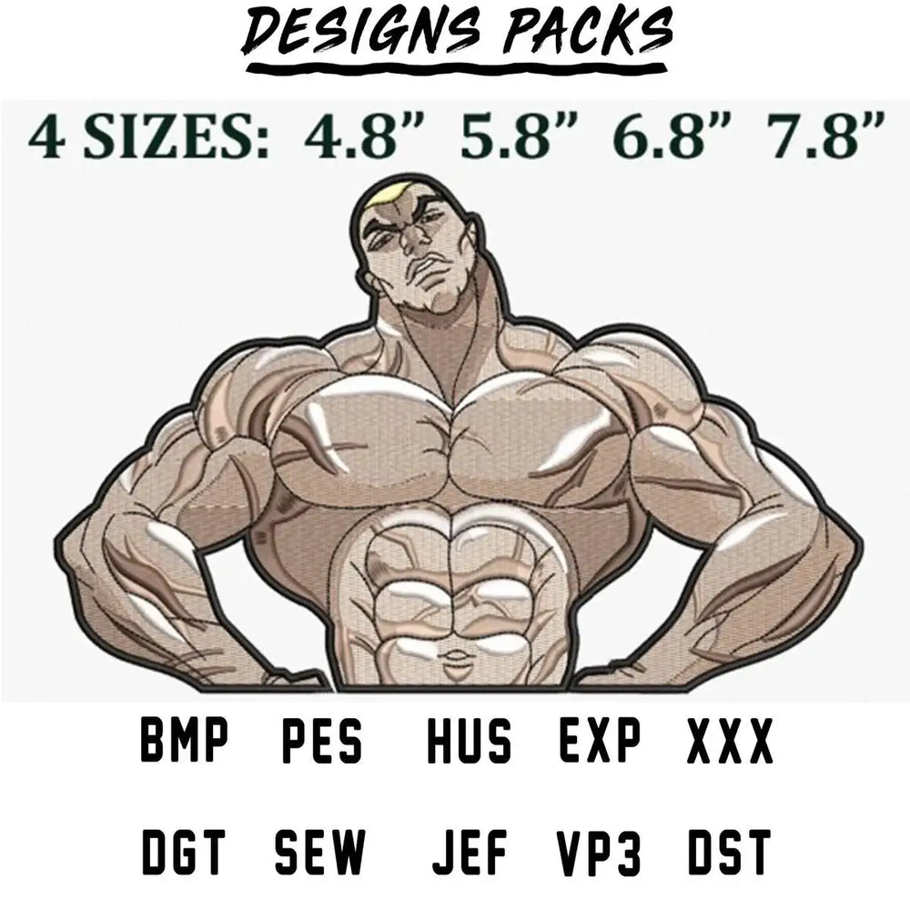 Muscular bodybuilder design for embroidery, available in 4 sizes and multiple file formats.