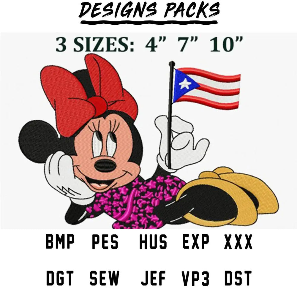 Minnie Mouse holding Puerto Rican flag, embroidery design in 3 sizes, compatible formats listed