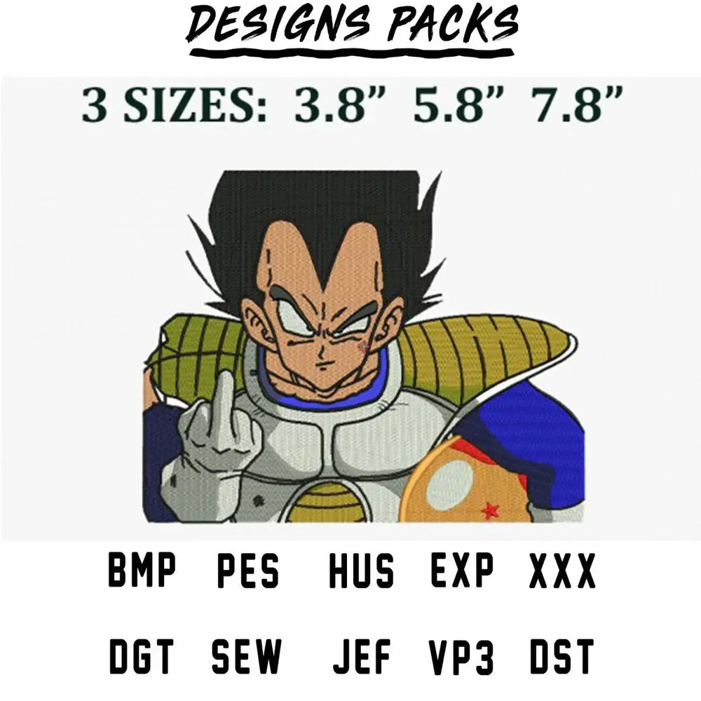Vegeta embroidery design in 3 sizes, PES, DST, EXP formats for DTG & DTF printing