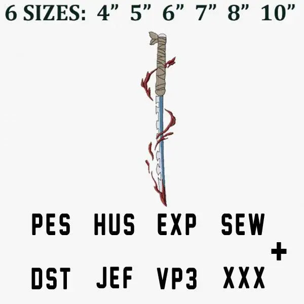 Embroidery design of a wrapped sword with red vines, available in 6 sizes and multiple file formats including PES, DST, HUS.