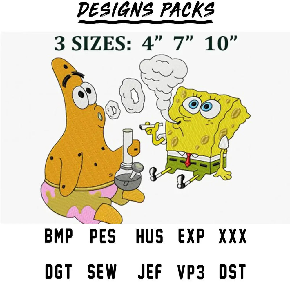 SpongeBob and Patrick cartoon embroidery design in 3 sizes, available in PES, DST, and other formats