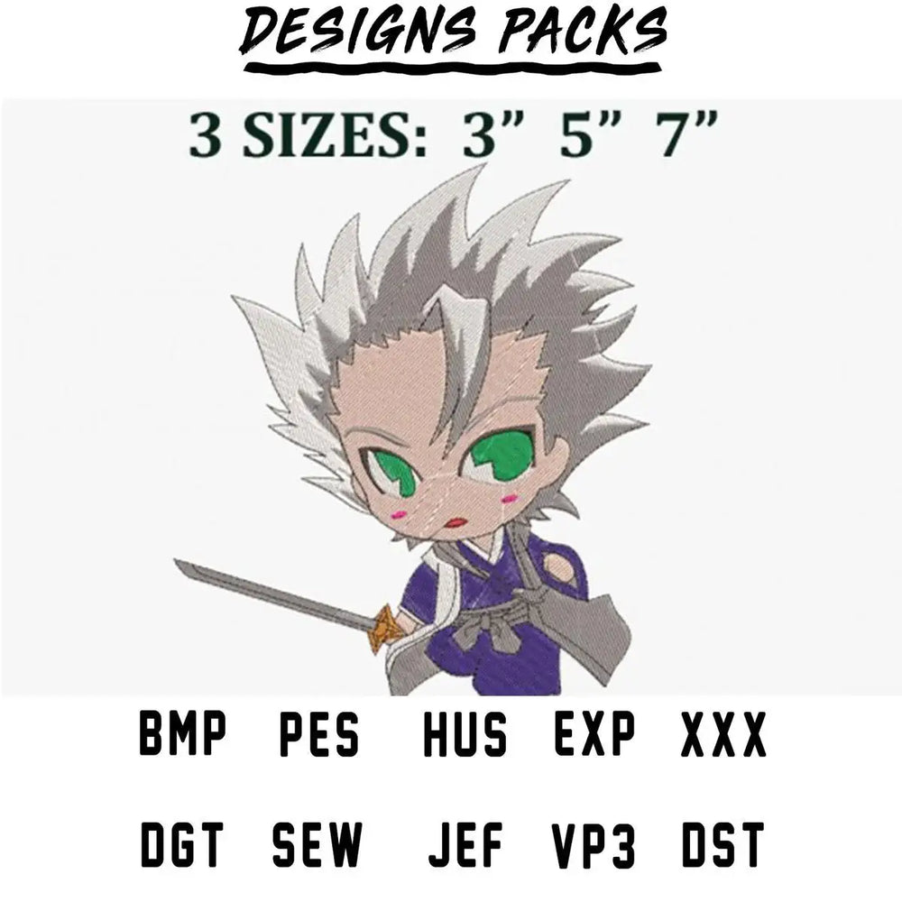 Chibi anime character with green eyes and sword, embroidery design in 3 sizes, PES, DST, BMP formats