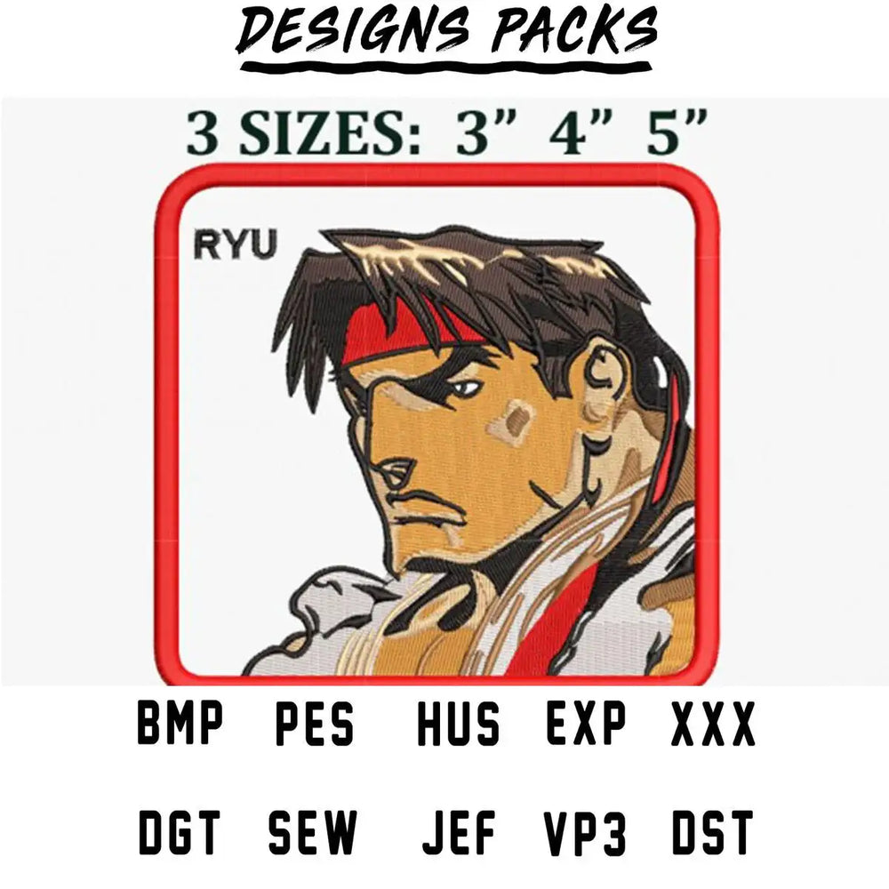 Ryu embroidery design in 3 sizes, compatible with PES, DST, EXP formats for instant download