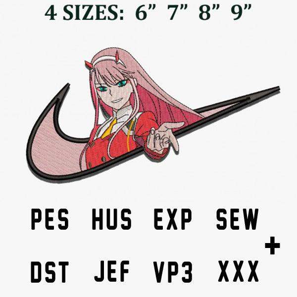 Anime girl in red outfit with devil horns, embroidered in Nike swoosh shape, available in 4 sizes & multiple file formats