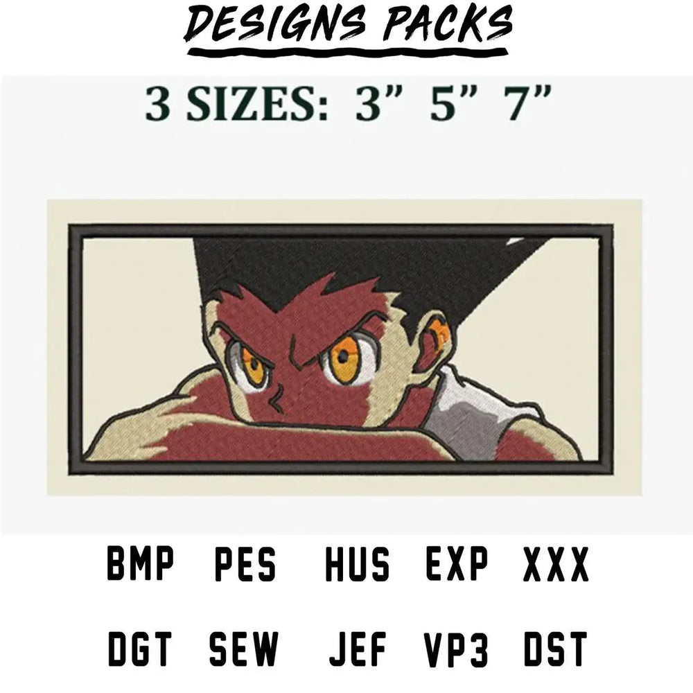 Embroidery design of anime character in 3 sizes, available in PES, DST, and other formats
