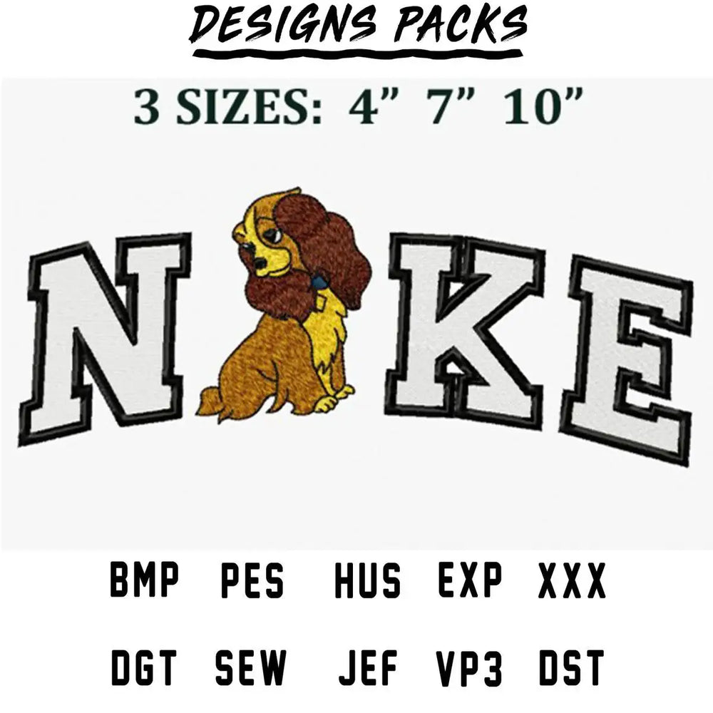 Embroidery design of a dog with 'NIKE' text in 3 sizes, available in PES, DST, and other formats.