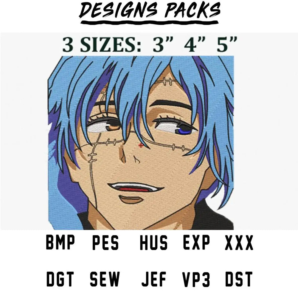 Anime character with blue hair and stitches, available in 3 sizes for embroidery and DTG designs.